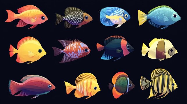 Cartoon-style vector set of colorful room aquarium fishes with detailed fin patterns, including barbs and cockerel fish