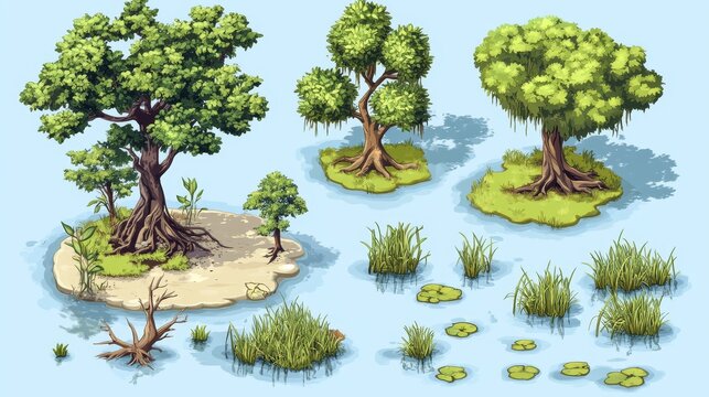 Isometric vector illustration pack of swamp trees, mangroves, and aquatic grasses designed for game environment elements