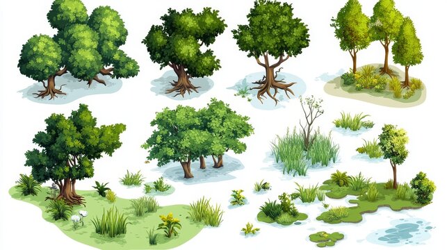 Isometric vector illustration pack of swamp trees, mangroves, and aquatic grasses designed for game environment elements