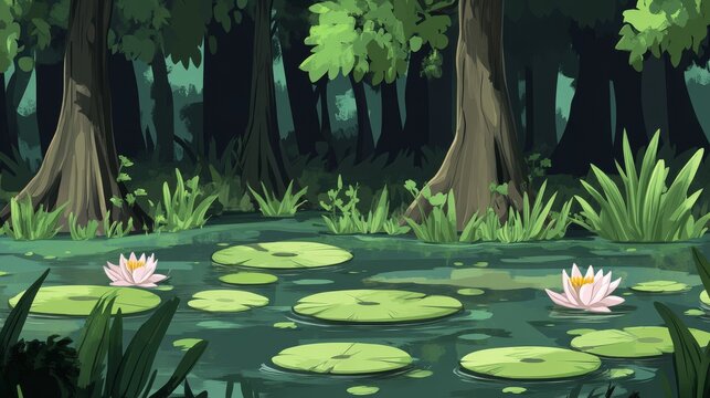 Stylized swamp vegetation vector pack featuring cypress trees, lily pads, moss, and cattails, suitable for RPG maps