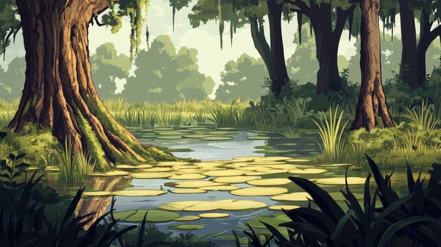 Stylized swamp vegetation vector pack featuring cypress trees, lily pads, moss, and cattails, suitable for RPG maps