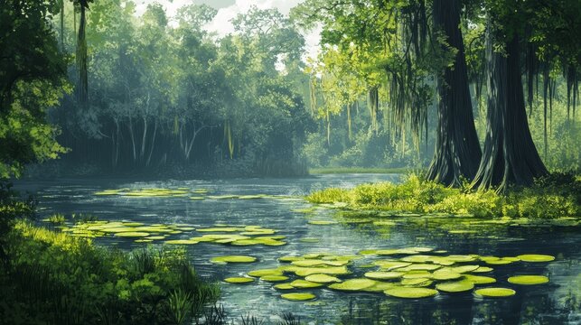 Stylized swamp vegetation vector pack featuring cypress trees, lily pads, moss, and cattails, suitable for RPG maps