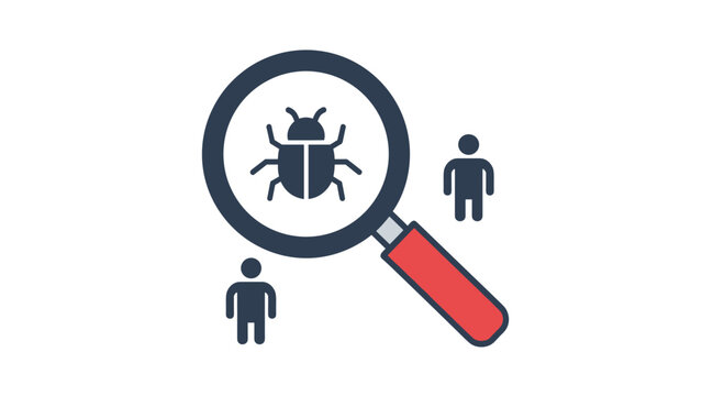 Professional bug tracking and software testing concept features a magnifying glass examining a beetle among people icons.