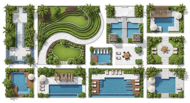 A detailed architectural site plan showcasing various luxury residential garden and pool layouts