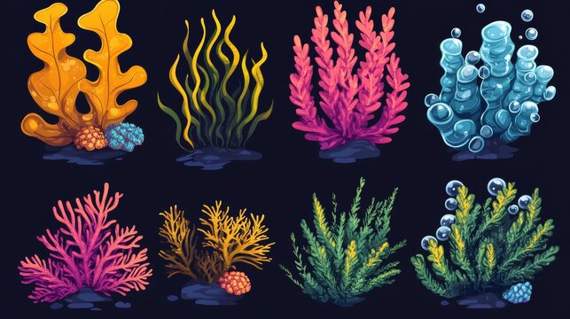 Vector pack of ocean plants showing soft corals, floating laminaria, deep sea wracks and bubble-wrapped kelp in bright colors