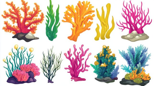 Vector pack of ocean plants showing soft corals, floating laminaria, deep sea wracks and bubble-wrapped kelp in bright colors