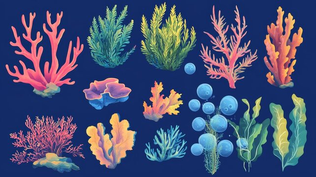 Vector pack of ocean plants showing soft corals, floating laminaria, deep sea wracks and bubble-wrapped kelp in bright colors