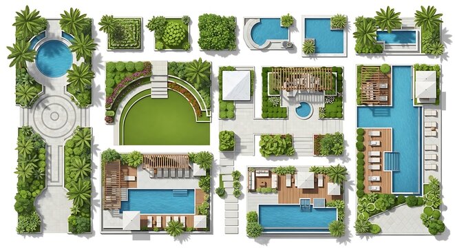 Top down view of a residential landscape master plan featuring various pools and garden layouts.