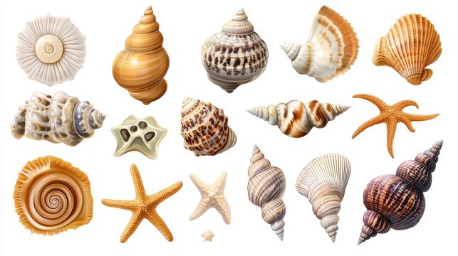 Decorative sea shell collection including bivalves, gastropods, and starfish in a clean modern vector style, white background
