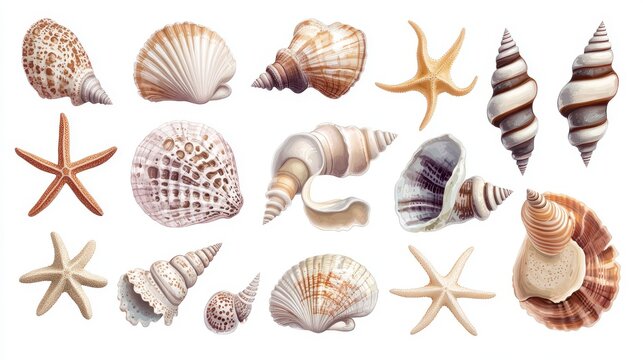 Decorative sea shell collection including bivalves, gastropods, and starfish in a clean modern vector style, white background