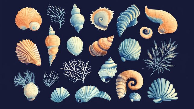 Stylized flat vector set of ocean shells and marine life remains with gradient tones, ready for use in summer-themed designs