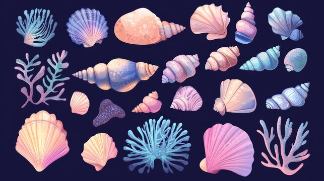 Stylized flat vector set of ocean shells and marine life remains with gradient tones, ready for use in summer-themed designs