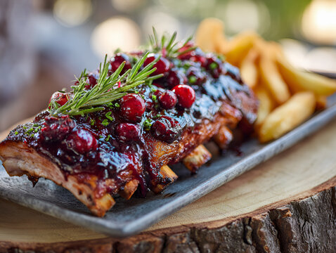 Żeberka w sosie barbecue z żurawiną i rozmarynem podane z frytkami na desce, soczyste grillowane mięso na obiad.