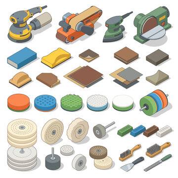 Collection of various sanding tools and materials on white background