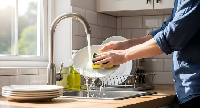 Person washing dishes in a bright, modern kitchen with natural light streaming in.