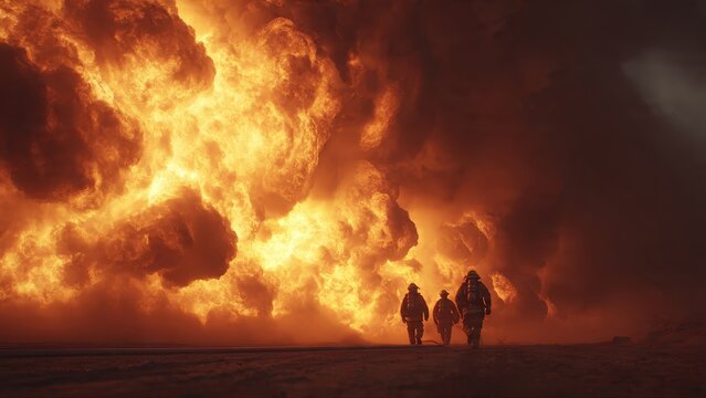 Three Firefighters Walking Toward Large Fire Cloud at Dusk in Dark Sky