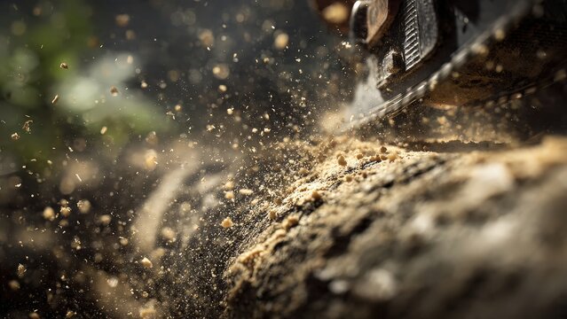 Chainsaw Cutting Wood in Forest with Sawdust Flying in Air