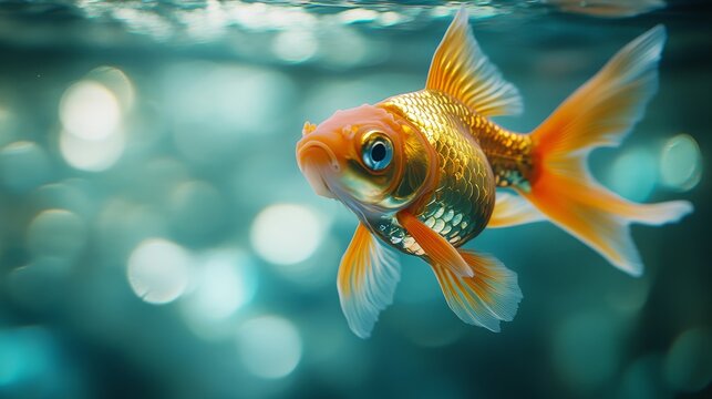 Minimalist image of golden ornamental fish with delicate textures, detailed eye reflection and floating motion effect