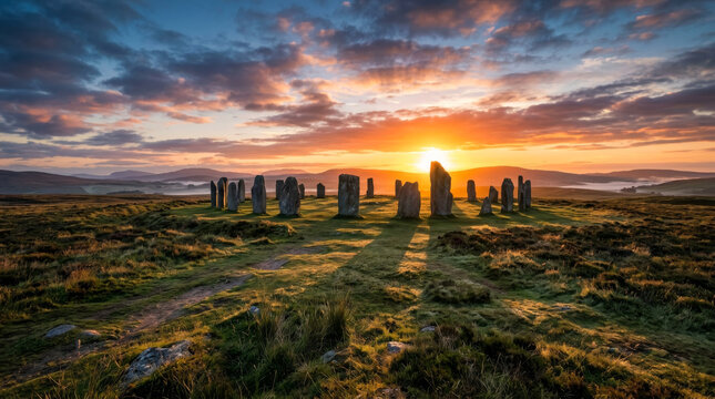 Ancient stone circle at sunrise, prehistoric megalithic monument in a rural landscape, mystical standing stones under a dramatic golden hour sky