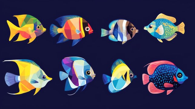 Cartoon-style flat vector set of freshwater aquarium fish with geometric body shapes and vibrant color patterns