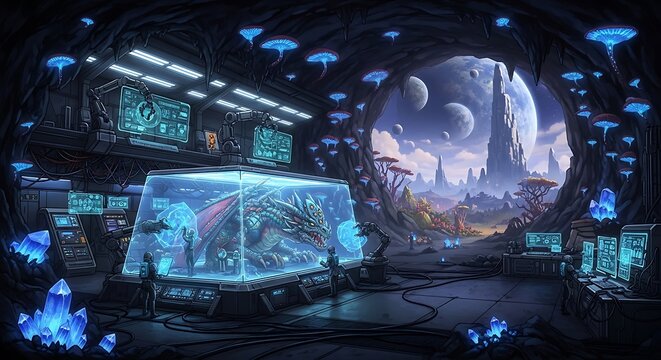 A vibrant science lab within a cavern, researchers observe a caged, scaly beast. An alien landscape outside the arch
