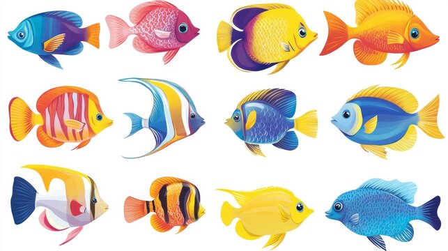 Collection of colorful aquarium fish designed for kids, each fish uniquely patterned and arranged neatly on white