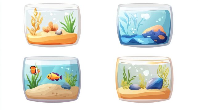 Clean vector icon set showing cartoon aquariums in modern home styles, each with clean sand base, pebbles and waterline details, isolated on white