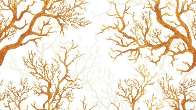 Seamless hand-drawn vector pattern featuring gold-colored coral branches and swirling algae tendrils, delicately spread across a white background