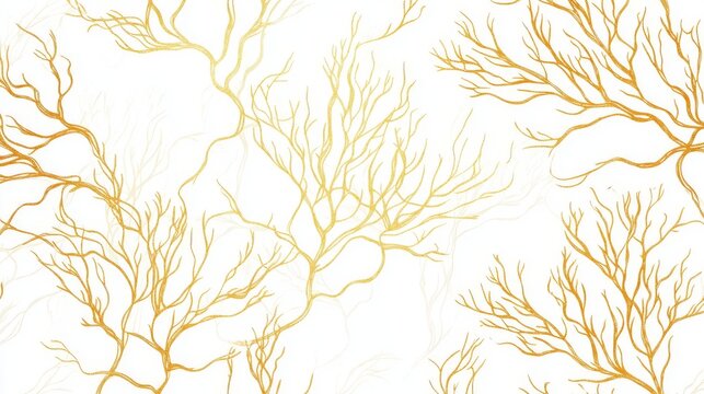 Seamless hand-drawn vector pattern featuring gold-colored coral branches and swirling algae tendrils, delicately spread across a white background