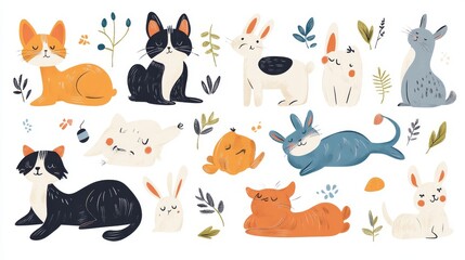 Fototapeta premium Vector collection of happy and relaxed pets including cats napping, dogs wagging tails, birds chirping and rabbits stretching, child-friendly aesthetic