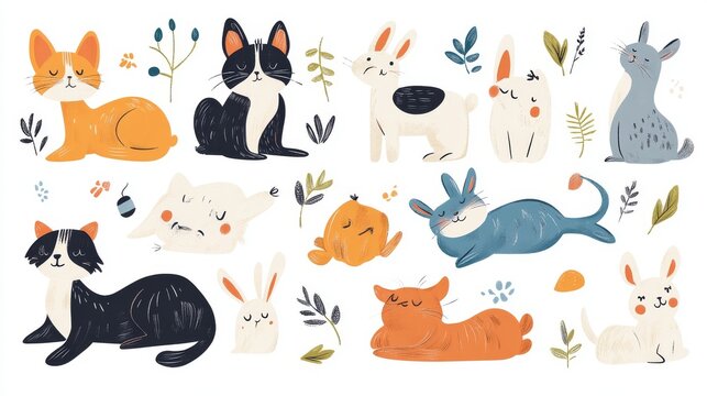 Vector collection of happy and relaxed pets including cats napping, dogs wagging tails, birds chirping and rabbits stretching, child-friendly aesthetic