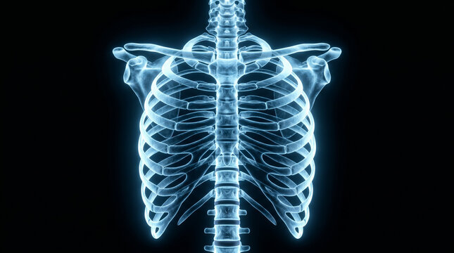 Glowing human rib cage and spine skeletal structure rendered in a bright blue light on a dark black background representing medical diagnostic imaging technology and anatomical study of human bones