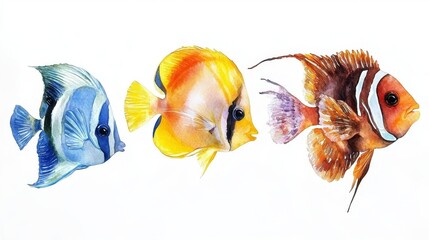 Obraz premium Elegant composition of aquarium favorites like Copperband Butterflyfish and Zebra Angelfish in watercolor tones, isolated on white for clarity