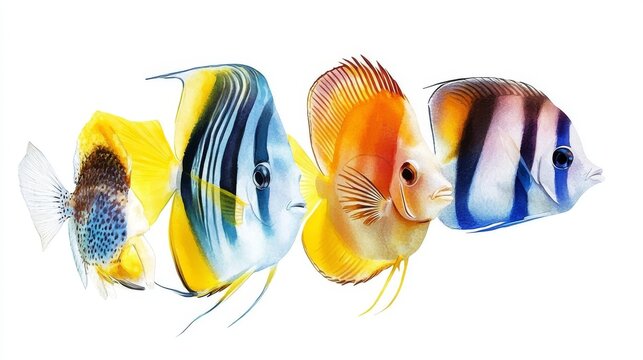 Elegant composition of aquarium favorites like Copperband Butterflyfish and Zebra Angelfish in watercolor tones, isolated on white for clarity