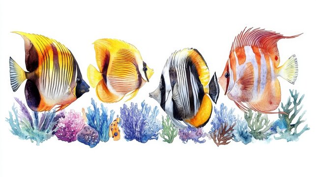 Elegant composition of aquarium favorites like Copperband Butterflyfish and Zebra Angelfish in watercolor tones, isolated on white for clarity