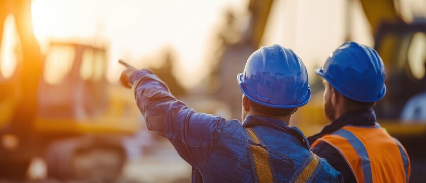 The Construction Workers Pointing and Discussing Plans at a Sunset Construction Site