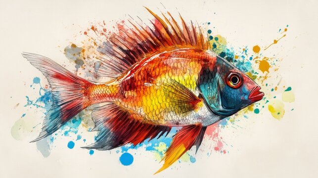 Realistic artistic fish series showing vivid coral reef fish in side profile, each painted with lifelike gradients and ink-line detailing in watercolor style