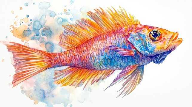Realistic artistic fish series showing vivid coral reef fish in side profile, each painted with lifelike gradients and ink-line detailing in watercolor style