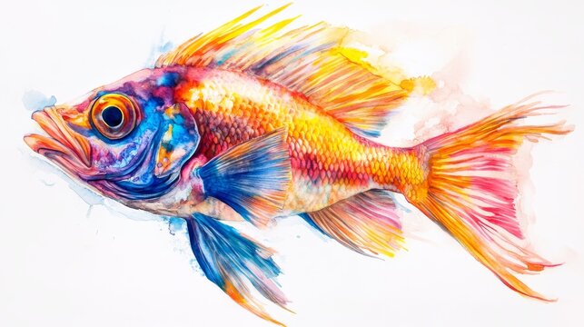 Realistic artistic fish series showing vivid coral reef fish in side profile, each painted with lifelike gradients and ink-line detailing in watercolor style