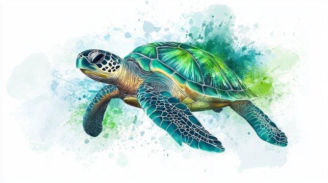 Watercolor-style vector of a graceful sea turtle with a textured green shell and turquoise flippers, detailed brushstrokes and organic contouring