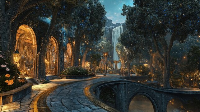 Enchanted forest pathway with arched architecture and waterfall