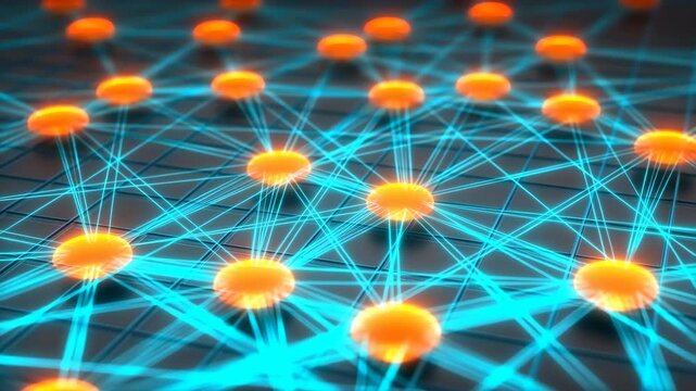 Abstract 3D digital network with glowing orange nodes and blue light connections