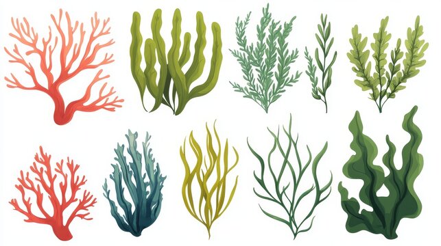Underwater-themed vector pack with simplified sea plants, including waving green algae, red coral branches, and smiling cartoon kelp
