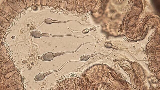 Microscopic life genesis: sperm navigate, human reproduce, internal view, fertilize process, early embryo, develop female, reproductive system, realistic cell.