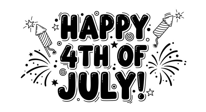 Happy 4th of july hand drawn lettering with fireworks and stars
