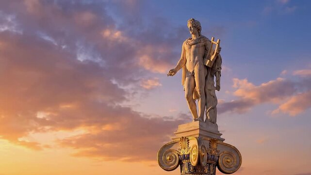 Apollo statue with lyre on ionic column at sunset