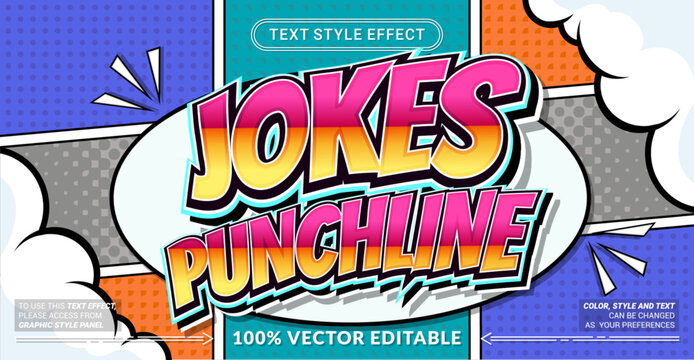 Editable &ldquo;Jokes Punchline&rdquo; text effect with bold comic pop art style, vibrant gradient colors, halftone background, and dynamic shadows. Perfect for humor, comics, and fun designs.