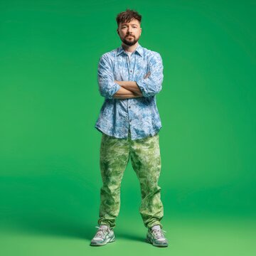 Man with arms crossed in patterned shirt and pants