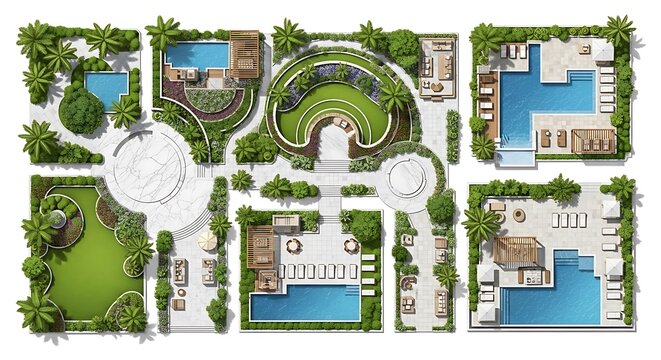 An overhead architectural site plan design featuring luxury villas with private swimming pools