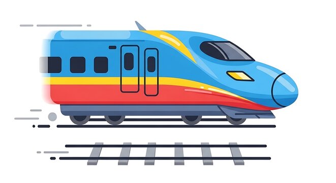 Cartoon train illustration high speed vehicle on rails with motion effect